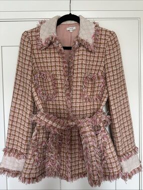 Cache Chic Tweed Fringe Belted Jacket - Pink & Tan Vintage look Sz 4